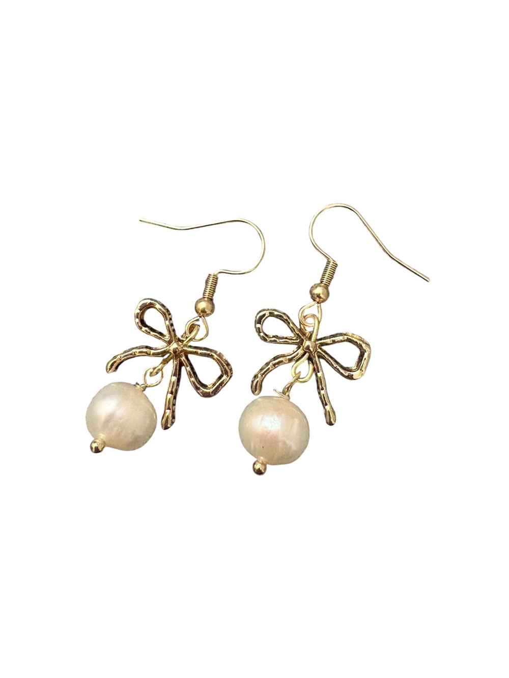 Handmade Gold Bow Pearl Drop Earrings - Women Jewelry